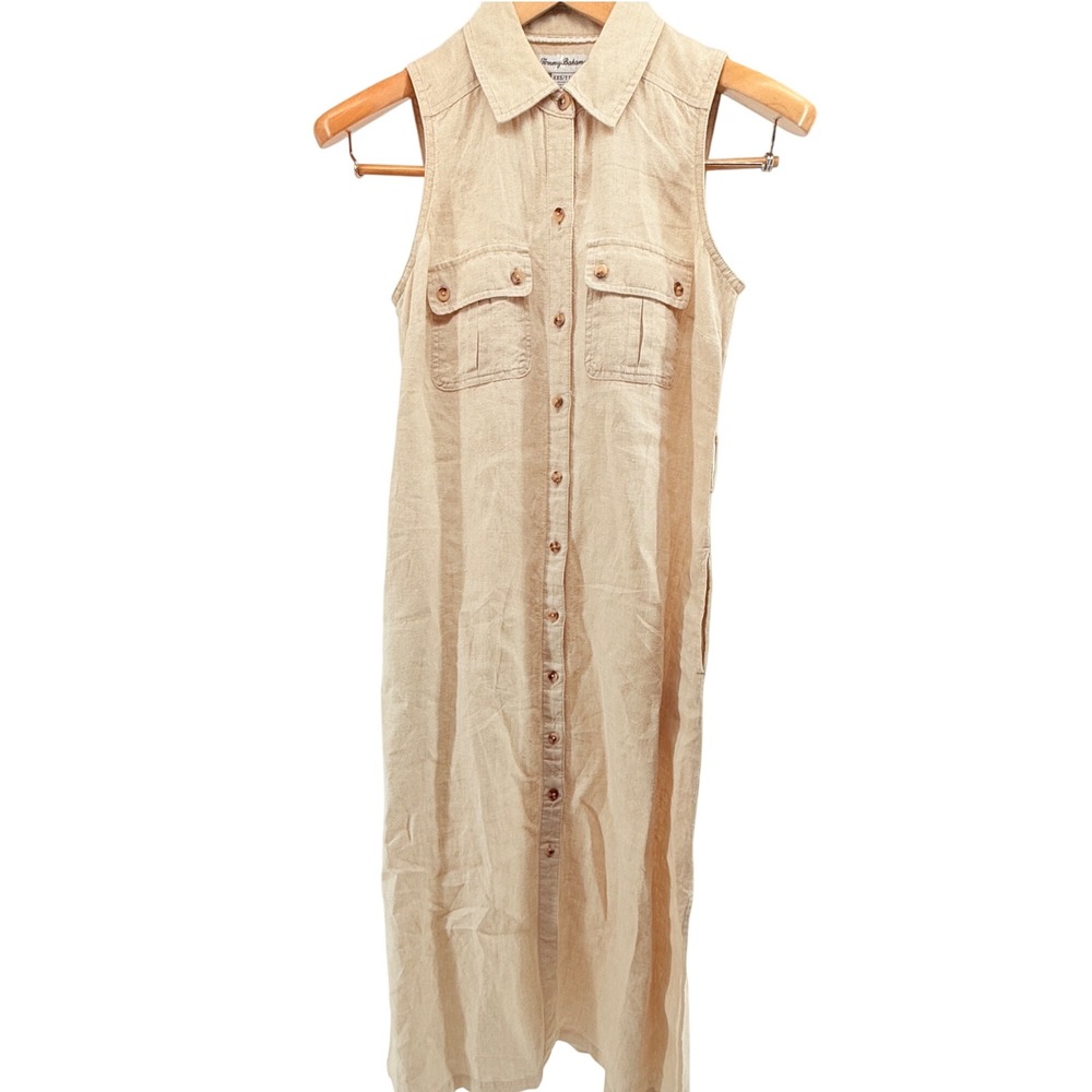 Tommy Bahama Sleeveless‎ Linen Blend Shirt Dress Khaki Beige XXS Pockets